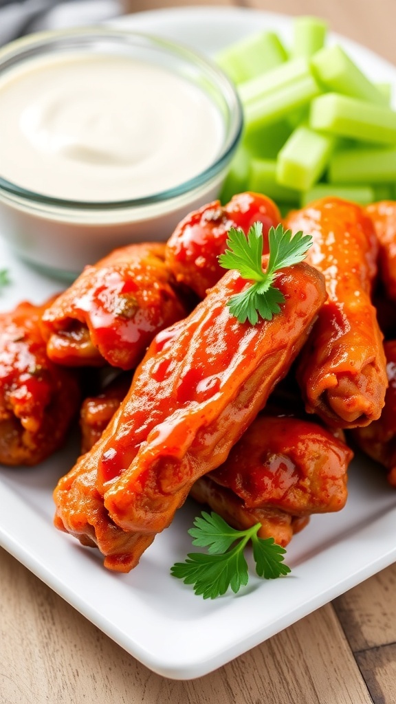 A plate of spicy chicken wings garnished with parsley, served with ranch dressing and celery sticks.